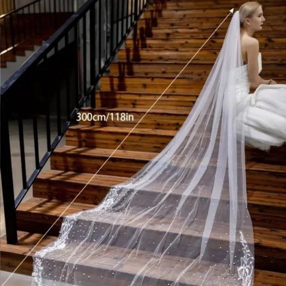 Floral Lace and Pearls Cathedral Bridal Wedding Veil With Comb Over 9' Long - Picture 2 of 5